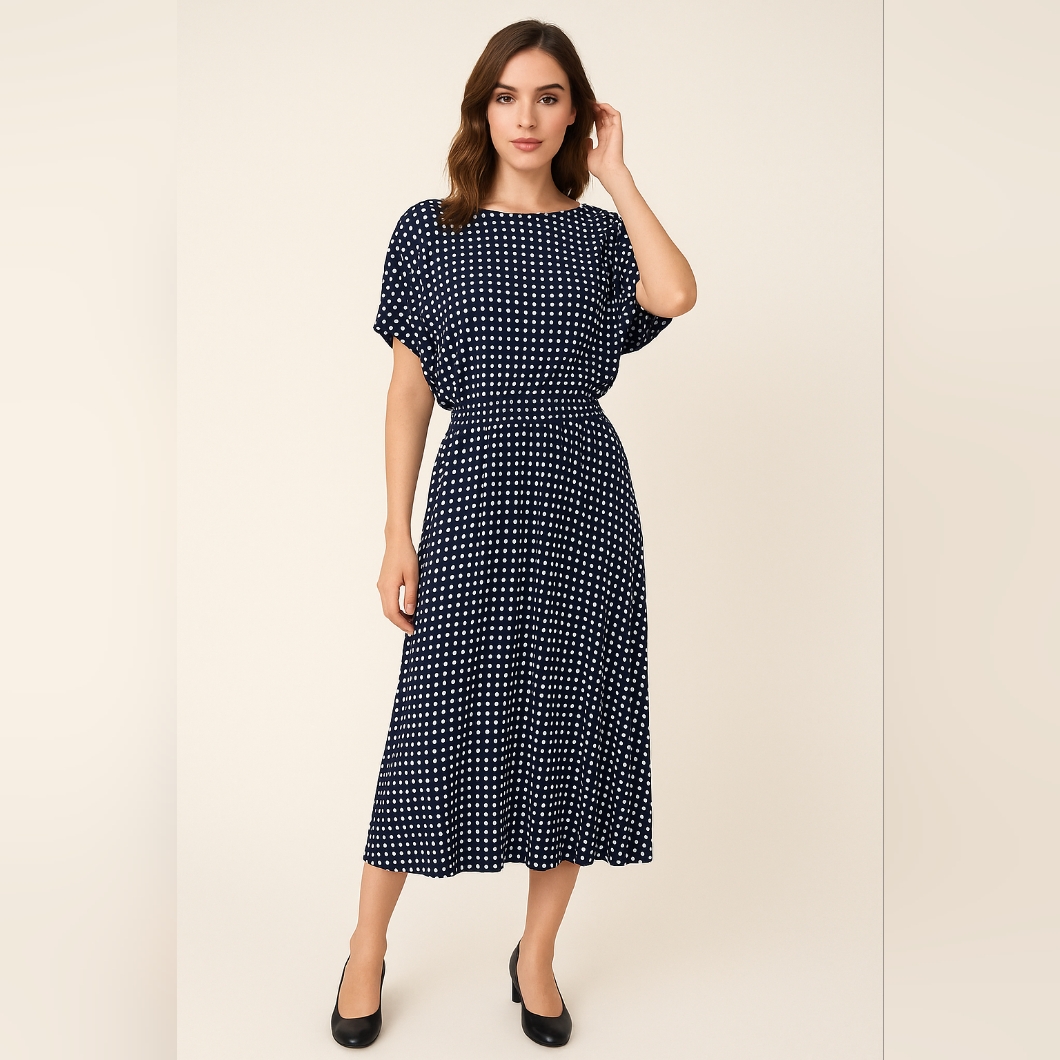 Tahari Als Size 10 Shortsleeved Boat Neck Midi Navy Polka-Dot Dress